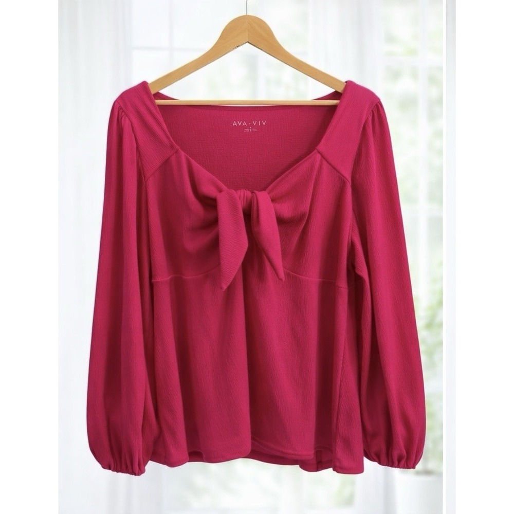 Ava & Viv Pink Long Bishop Sleeve Tie Front Top Bright PinkPlus Size 2X